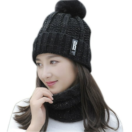 Viworld Winter 2Pcs Pom Pom Cable Beanie Hat Scarf Set Soft Warm Knit Ski Cap Thick Neck Scarf for Women