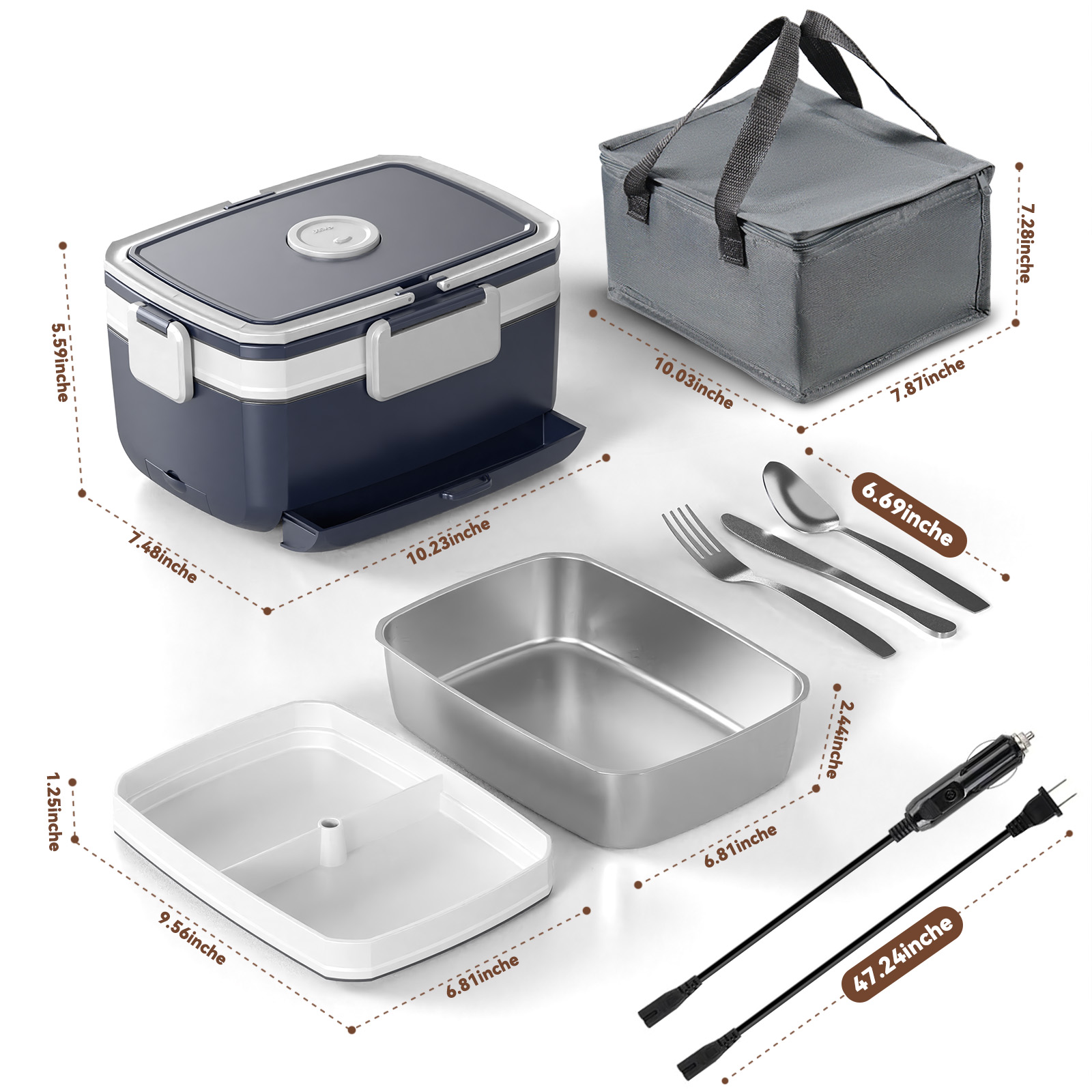 Electric Heated Lunch Box for Men - 3 Liters Double Layer Portable Food Warmer for Car Truck 90 W Self Heating Lunch Box for Adults Food Heater for Work Travel Camping lonchera,Blue