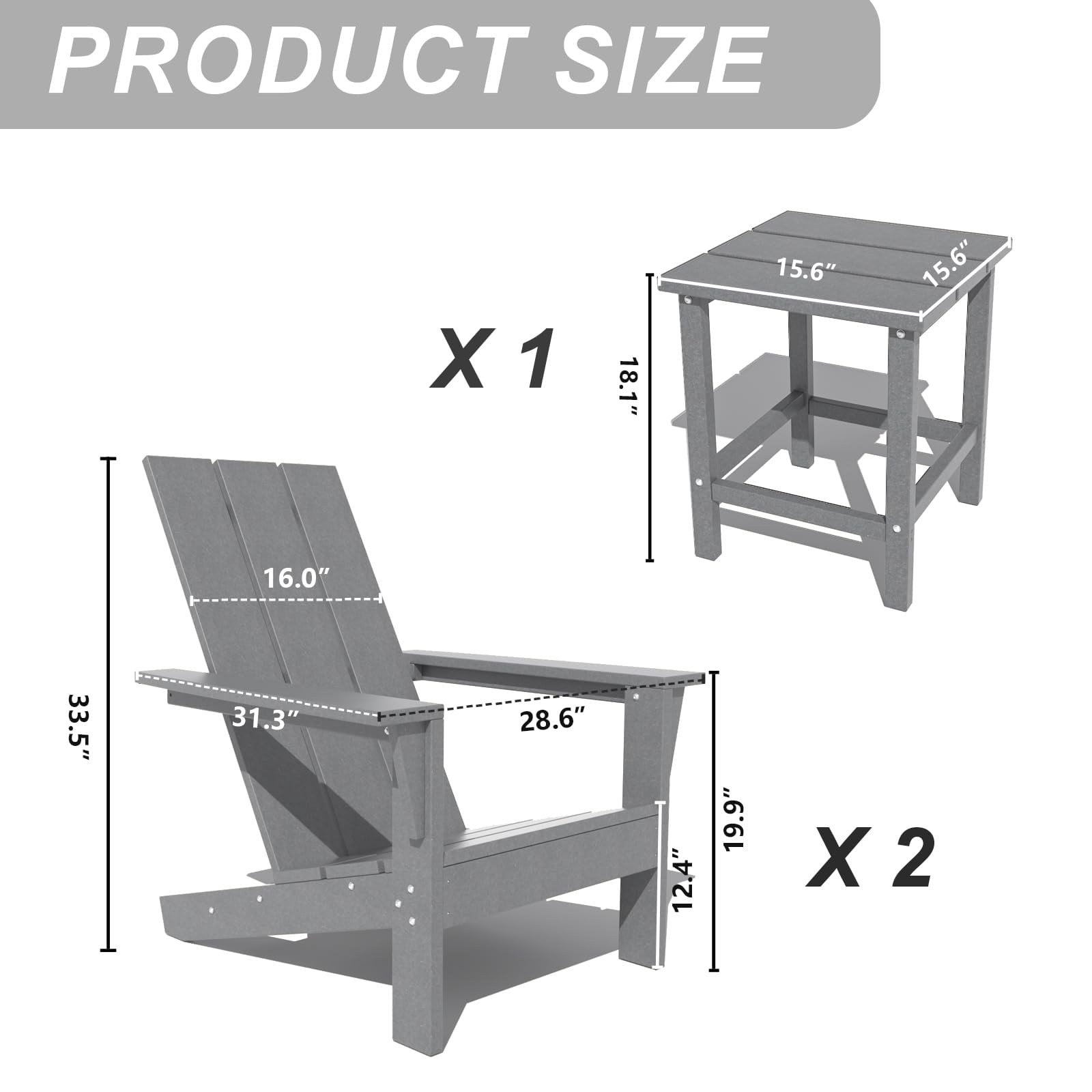 Kullavik Adirondack Chair 3 Piece Set With Table, Heavy All-Weather HDPE.Outdoor Lounge Chair for Patio Deck Garden, Backyard Deck& Lawn Furniture - Looks Exactly Like Real Wood-Gray