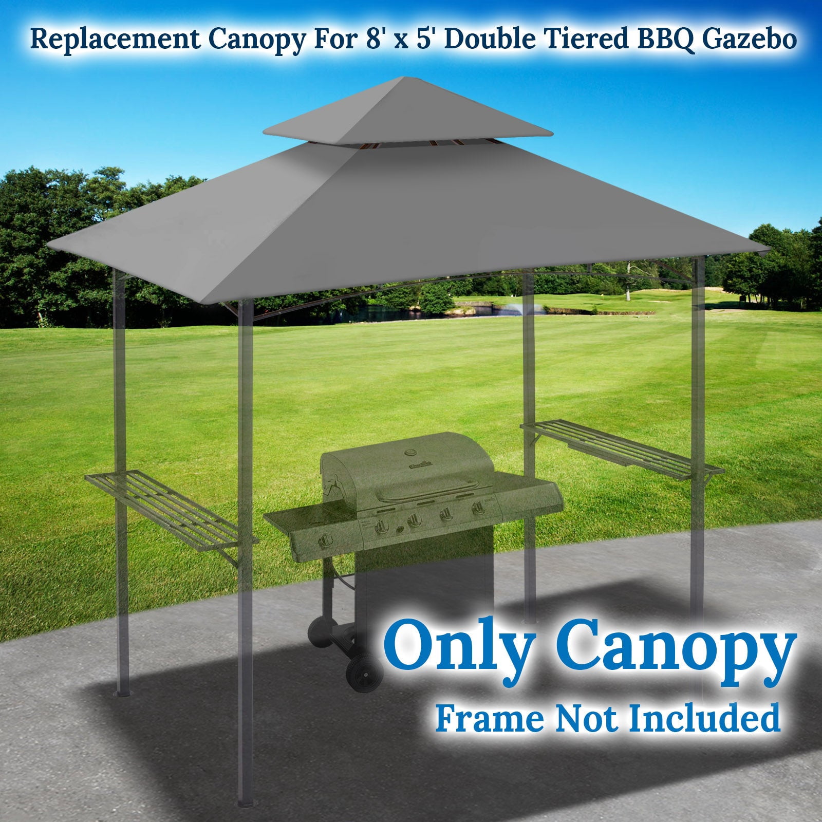 ALUVIERA 8'x5' Outdoor Grill Gazebo Replacement Canopy 2-Tier BBQ Grill Gazebo Roof Patio Pavilion Cover Top Garden Porch Backyard(Grey)