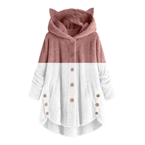 Big Holiday Savings Women Button Plush Tops Hooded Loose Cardigan Solid Color Patchwork Coat Jacket
