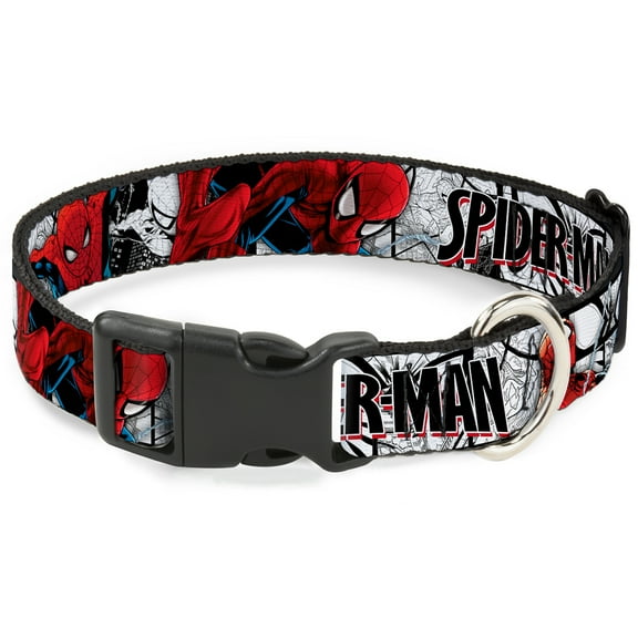 Marvel Comics Pet Collar, Dog Collar Plastic Buckle, Spider Man Action Poses Comic Scenes White Black Red, 7 to 8.5 Inches 0.5 Inch Wide