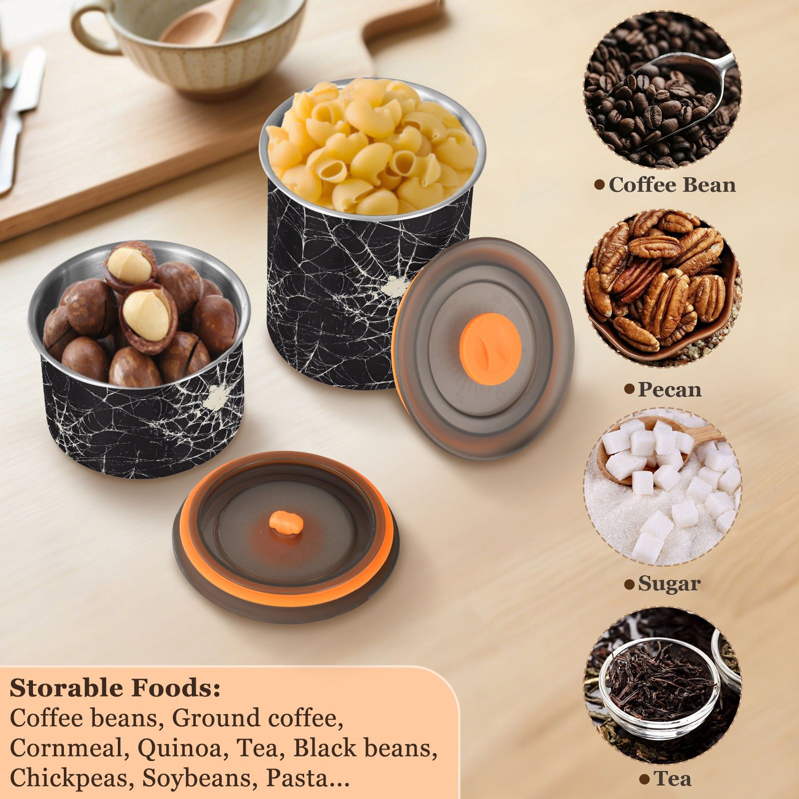 Halloween Spider Web Airtight Coffee Bean Canister 30oz Food Storage Containers with Lids For Gournd, Tea, Sugar, Flour, Rice, Cereal, Candy Cookie Jar