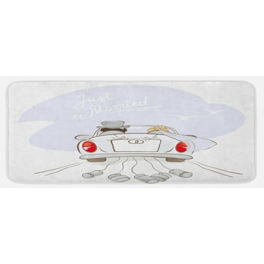 Wedding Kitchen Mat, Just Married Retro Hand Writing Bride and Groom in Car Cans Birds Celebration, Plush Decorative Kitchen Mat with Non Slip Backing, 47" X 19", Grey Red White, by Ambesonne