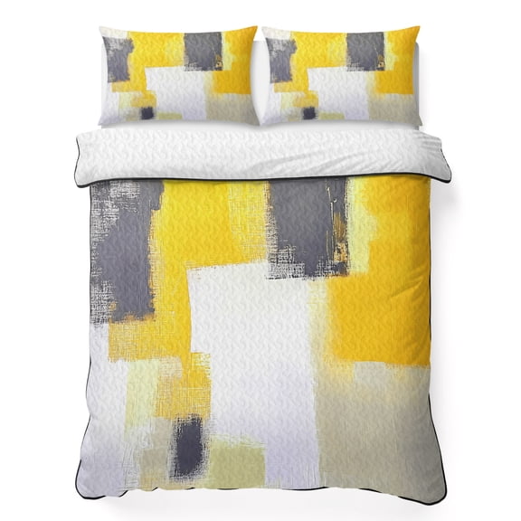 Full Quilt Set 78''x90'', Yellow Grey Lightweight Summer Bedspread Coverlet Set with 2 Pillow Shams, Modern Abstract Oil Painted Geometric Breathable All Season Quilt Bedding for Bedroom/Guest Room