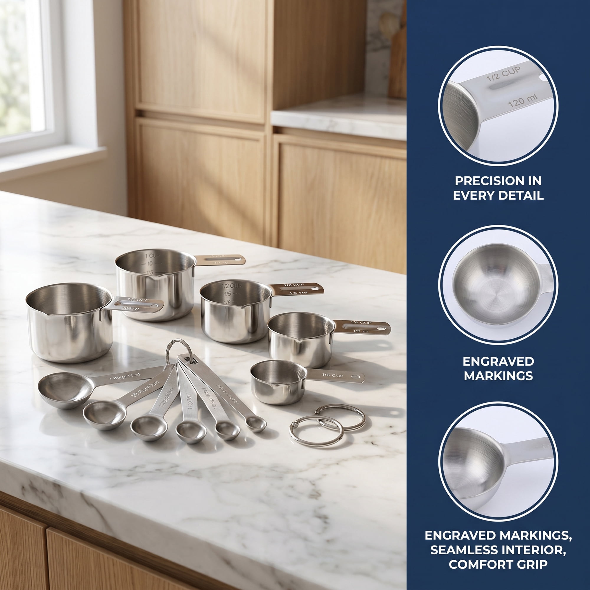 Unique Bargains Durable Stainless Steel Measuring Cups and Spoons Set Silver 11Pcs