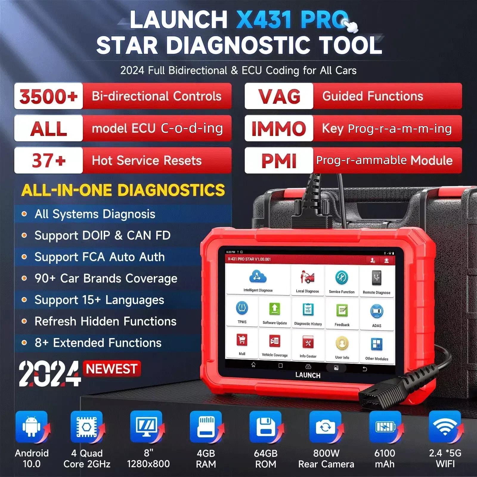 LAUNCH X431 PRO Star Bidirectional Scan Tool, Full System Diagnostic Scanner OBD2 Scanner Auto Car Code Reader, ECU Reset, 37+ Services, Support CANFD&DoIP, FCA AutoAuth, 2 Years Free Update
