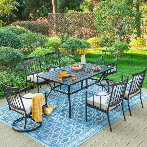 MF Studio 7-Piece Outdoor Dining Set with Swivel Cushioned Chairs & Rectangular Table for 6-Person, All-Weather Metal Steel Furniture,  Black & Beige