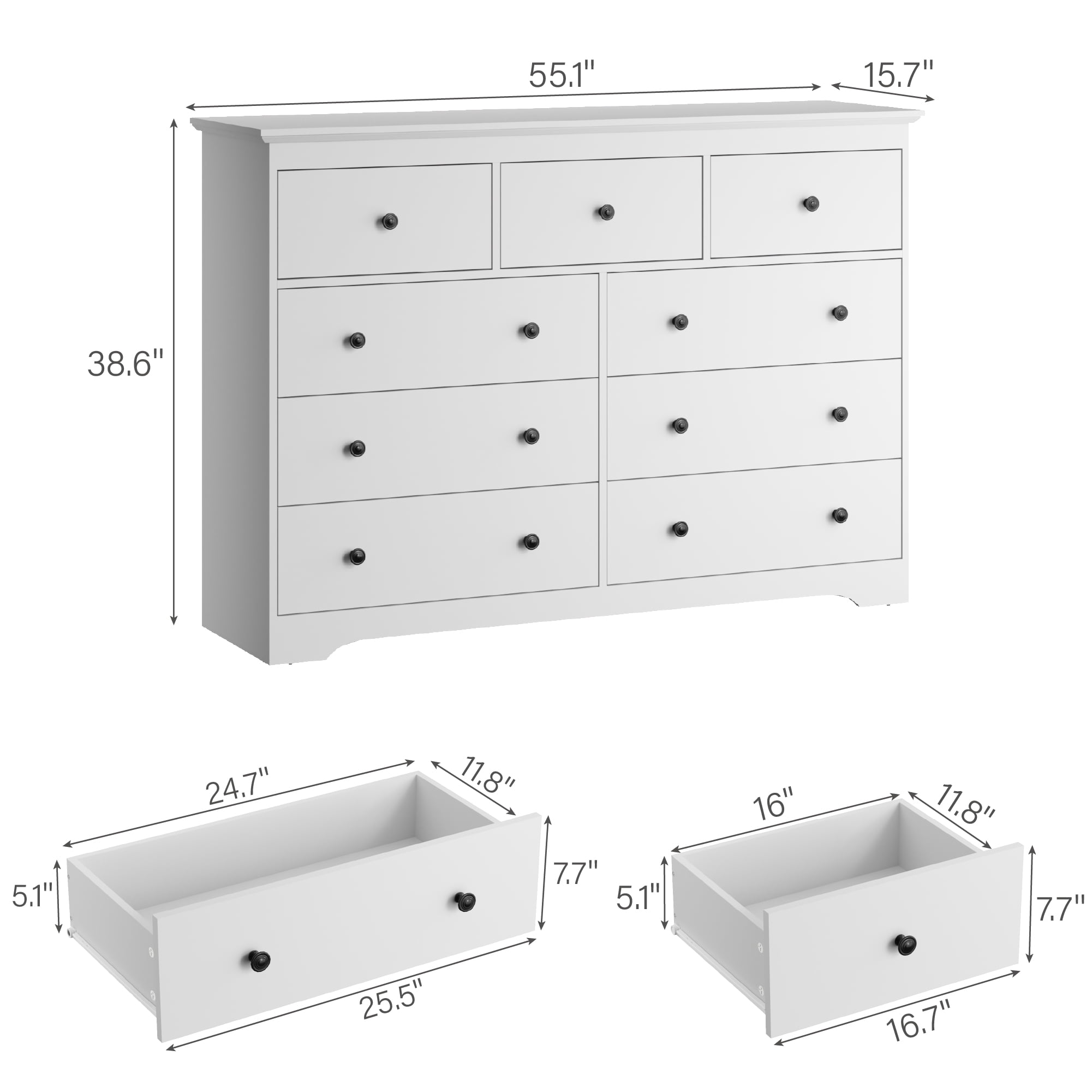 YouTrend 55.1" Wide Dresser for Bedroom, 9 Drawer Dresser with Large  Drawers, Dresser for TVs Up to 65",White - Walmart.com