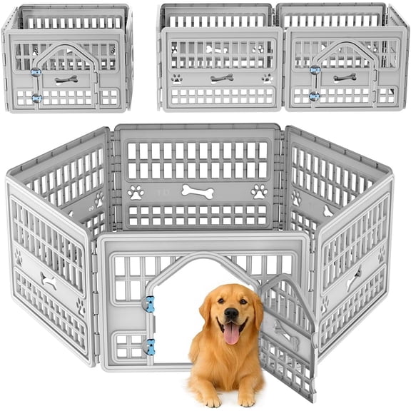 DRATO Dog Pet Playpen Gate for Dogs Cats Safe Secure Indoor Outdoor Pet Fence with Gate Easy to Clean Keep Pets Secure (Gray, 67.24 * 67.24 * 23.7, 6)