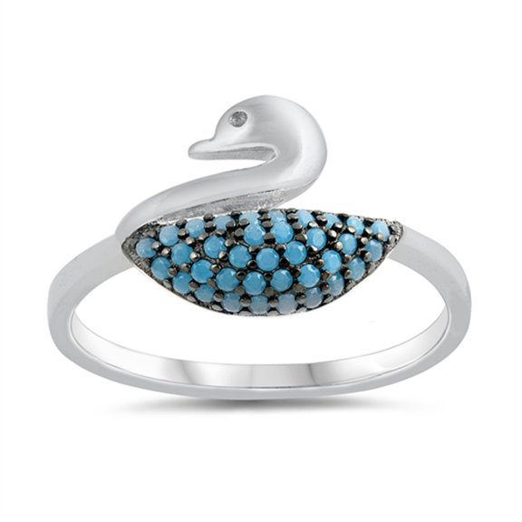 Simulated Turquoise Micro Pave Swan Bird Animal Ring .925 Sterling Silver Band Blue CZ Female Size 7