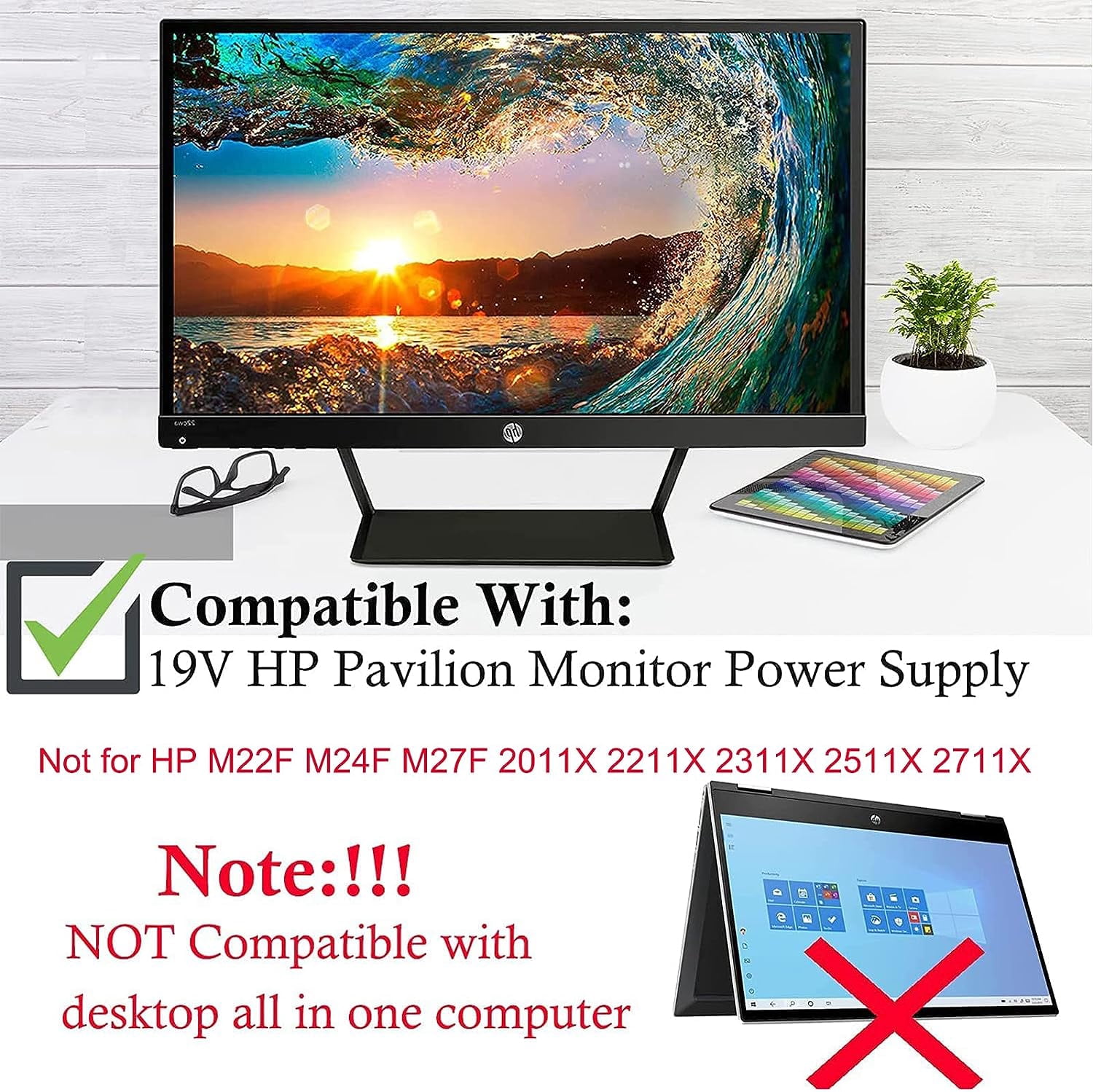 VHBW for HP Monitor Power Cord 19V Power Supply, Replacement Adapter for HP Monitor 8.2FT