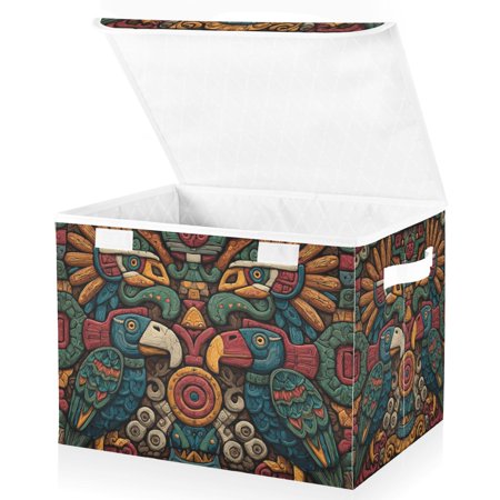 Foldable Fabric Storage Bin With Handle Collapsible Basket Box Storage With Lid Organizer Aztec Seamless Illustration