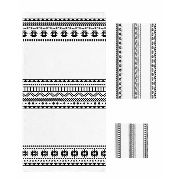 White Boho Bath Towels for Bathroom Set,Luxury Microfiber Towels Gifts for Women,Beach Kitchen Hand Hair Face Towel and Dish Washcloth,Farmhouse Simple Abstract Striped Geometric Towels Set