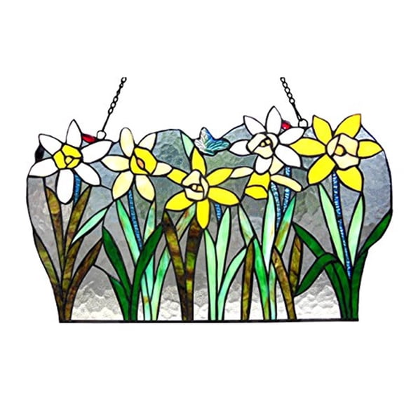 CHLOE Daisy Tiffany-glass Flowers Window Panel 23" Wide