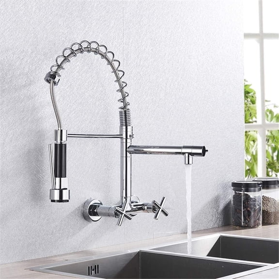 Wall Mounted Kitchen Faucet, Double Handle Mounted Spring Faucet with 2 Nozzles Chrome Finish