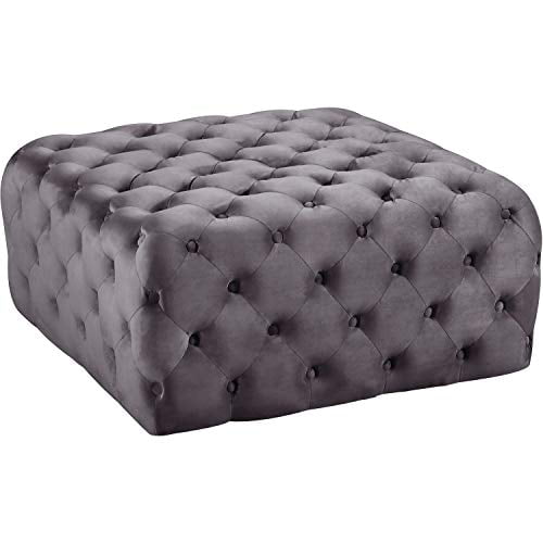 Meridian Furniture Ariel Collection Modern | Contemporary Grey Velvet Upholstered Ottoman/Bench with Deep Button Tufting, Solid Wood Frame, Square,