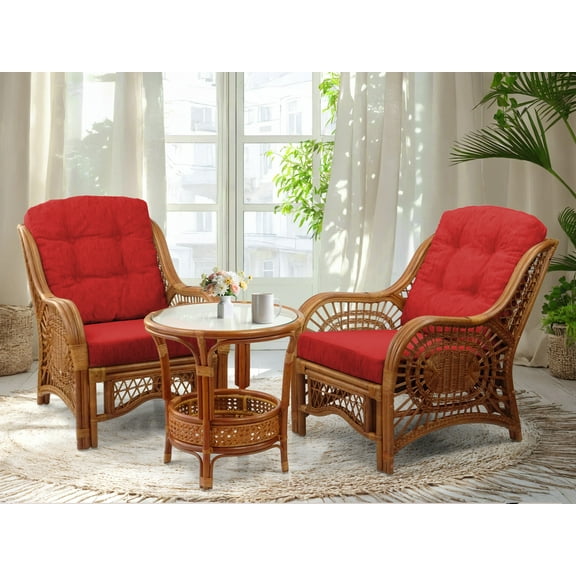 SK New Interiors Malibu Set of 2 Natural Rattan Wicker Chairs and Round Coffee Table, Colonial Color with Burgundy Cushions