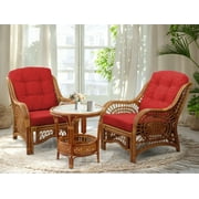 SK New Interiors Malibu Set of 2 Natural Rattan Wicker Chairs and Round Coffee Table, Colonial Color with Burgundy Cushions