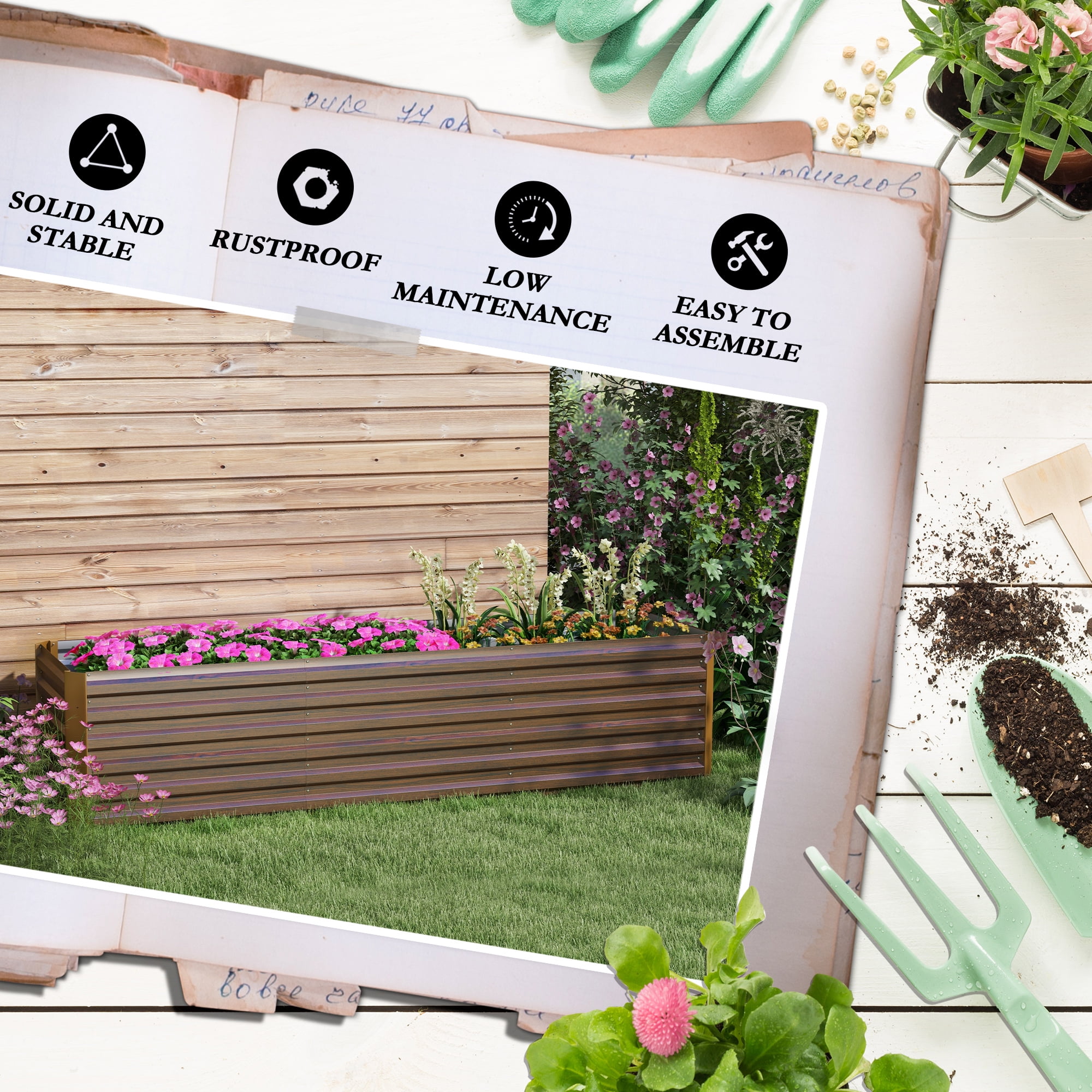 Outsunny 8x2x2ft Galvanized Raised Garden Bed Kit, Large Outdoor Metal Elevated Planter Box with Safety Edging for Flowers, Vegetables, Dark Brown