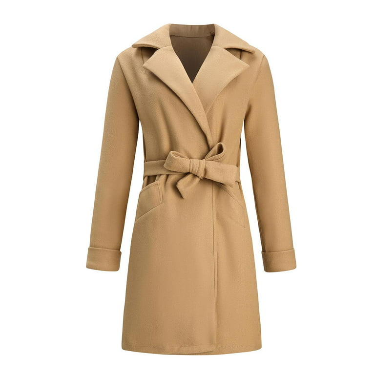 Hfyihgf Long Pea Coat for Women Dressy Trendy Ladies Dress Jacket with  Waist Belt Winter Fall Long Sleeve Notch Lapel Trench Coats(Khaki,S)