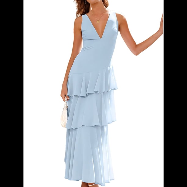 Vestidos de Dama de de Escalonada para Mujer, Vestidos de Noche Formales con Volantes, Largos y Plisados. Azul XL