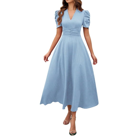 Wo-Fusoul Women's V-Neck High Waist Casual Dress, Short Sleeve Summer Dress with Stretchy Nylon Spandex Fabric, Solid Color Design for Everyday Leisure Wear