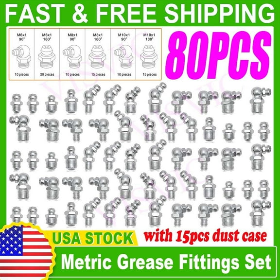 80 PCS Hydraulic Zerk Grease Fitting Assortment Kit ( M6 & M8 & M10 ) - Metric