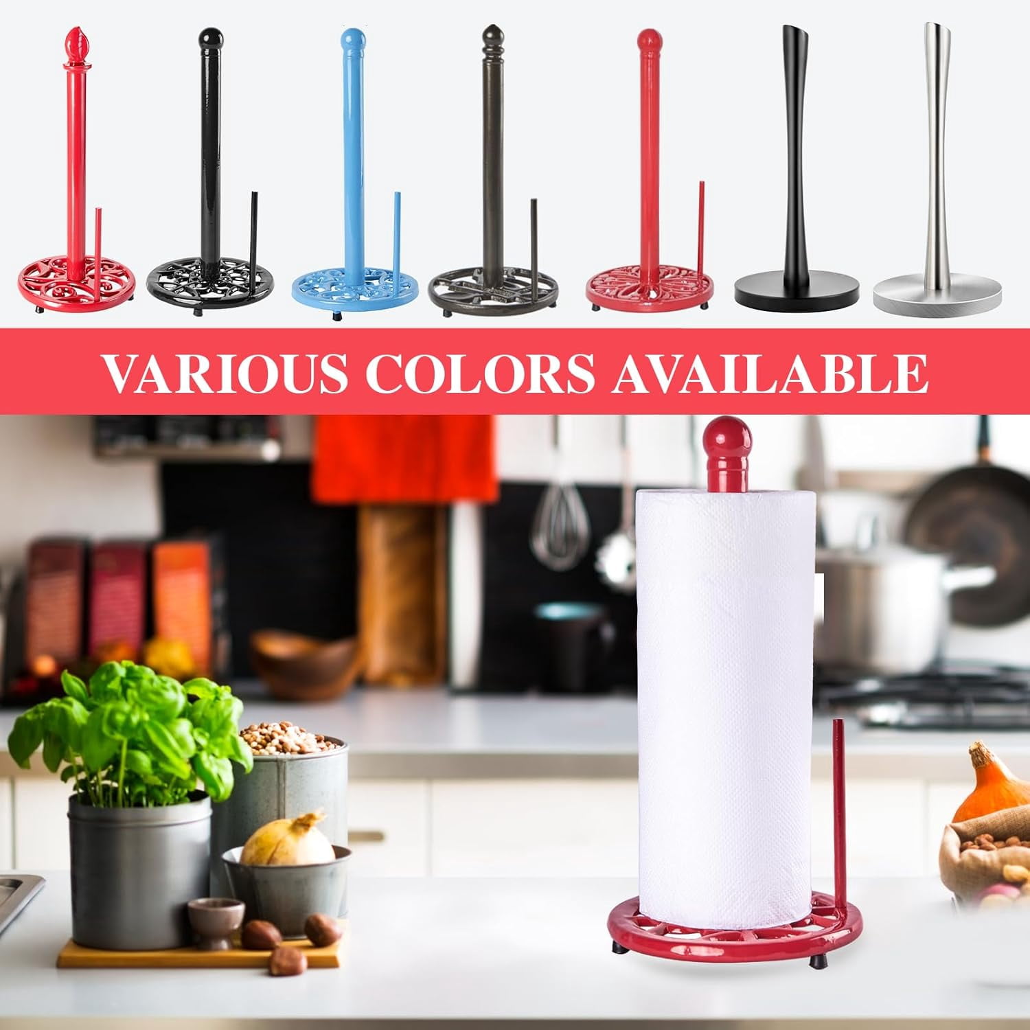 Paper Towel Holder Stand, Cast Iron Kitchen Paper Towel Countertop Vintage Stand with Weighted-Base, Bathroom Organization for Family Standard Large Size Roll Paper, Classic Style, Blue