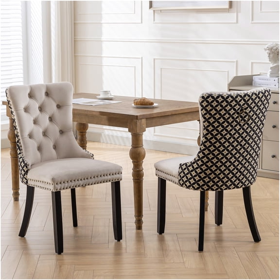 Classic Velvet Dining Chairs, High-end Tufted Solid Wood Contemporary Velvet Upholstered Dining Chair with Wood Legs Nailhead, SET OF 2,Beige and Patterned,SW2201BG