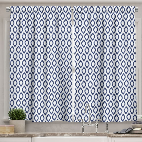 Ambesonne Ikat Kitchen Curtains, Eastern Blue Ornament, 55"x39", Royal Blue and White