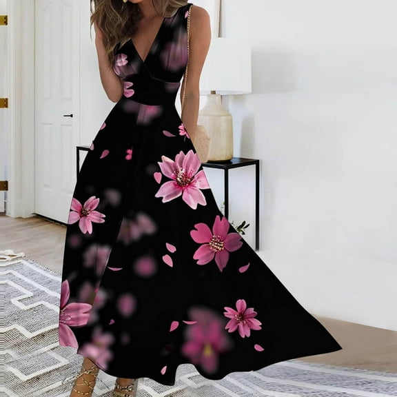 Sakmal Summer Dresses Flowy Floral Evening Gown Sleeveless Comfort Fit White Maxi Faux-Wrap Dress