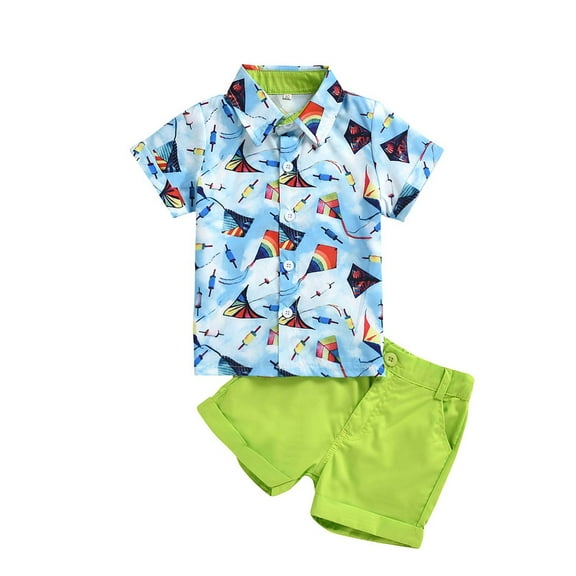 Odeerbi Toddler Summer Outfits Boys Gentleman Formal Dress Suit Baby Fashion Short Sleeve Blouse Cloud Kite Print Retro Shorts Suit Blue