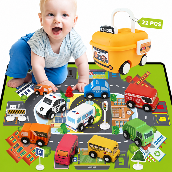 Einailvk Wooden Car Toys for Toddlers, 22 Pcs Montessori Toy Cars with Playmat, Storage Box, Gifts for Birthday Holiday