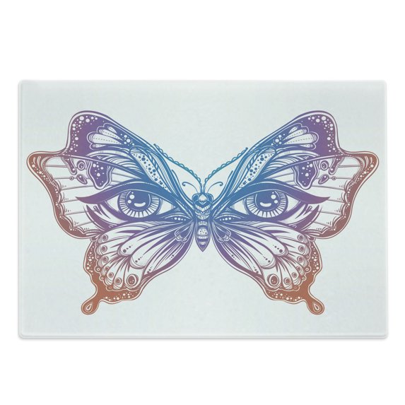 Butterfly Cutting Board, Madam Butterfly Wings with Human Eyes Retro Tattoo Freedom Theme Nature, Decorative Tempered Glass Cutting and Serving Board, in 3 Sizes, by Ambesonne