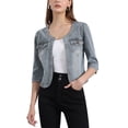 thumbnail image 1 of CHAQUETA DE JEAN CORTA SIN CUELLO PARA MUJERES CON MANGAS 3/4 EN GRIS HUMO TALLA L, 1 of 6