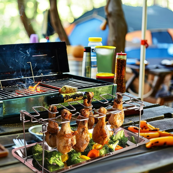 OUNONA Stainless Steel Chicken Leg Grill Rack with 14 Slots Foldable for Kitchen Use Silver