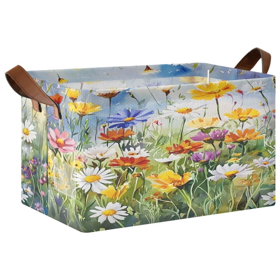 Rectangle Storage Basket with Handles Wildflowers Collapsible Bin Large Bins Decorative for Clothes Toys Bedroom