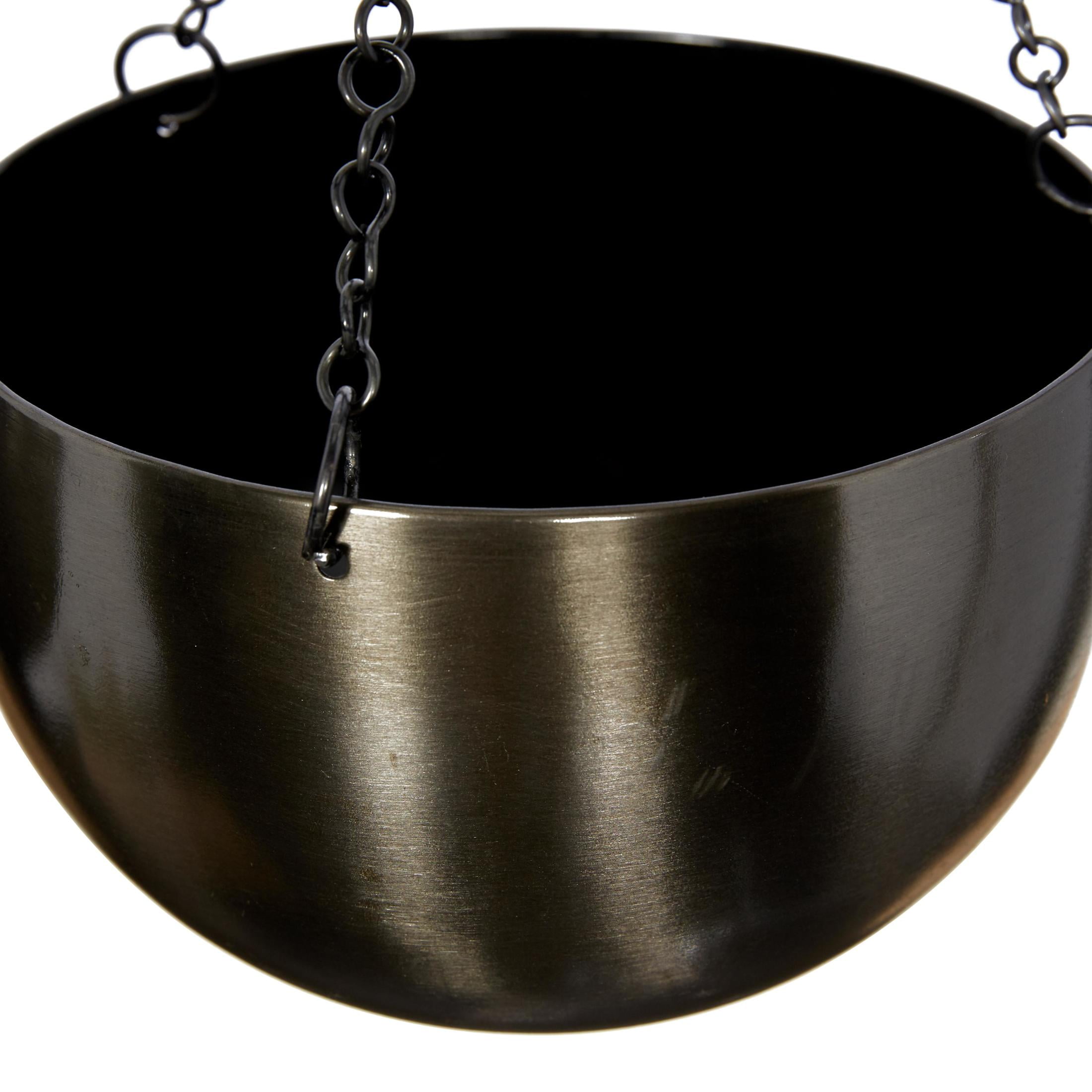 DecMode Glam Shiny Black Metal Bowl Shaped Hanging Planters with Three Chains, Set of 2 5",6"H