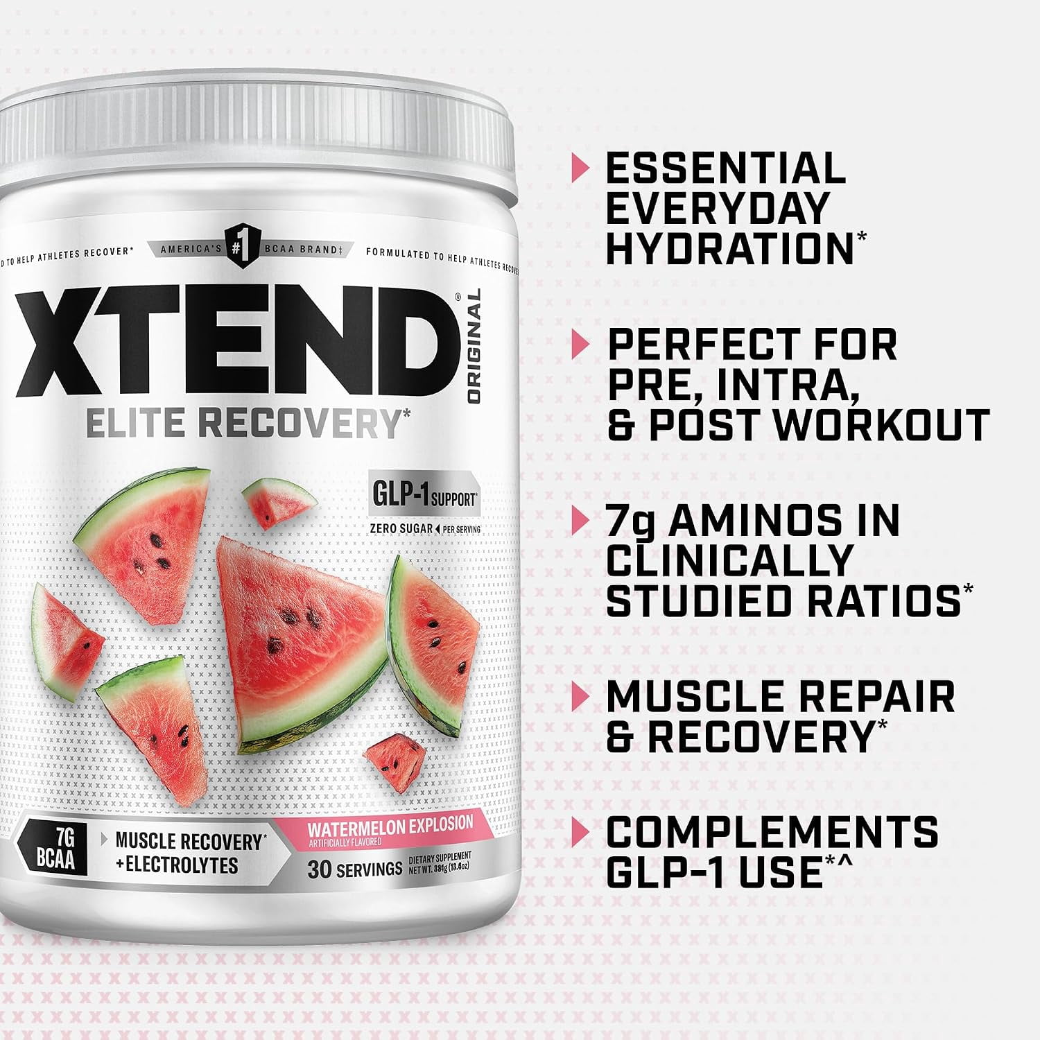XTEND Original BCAA Powder, Sugar Free Post Workout Muscle Recovery Drink with Amino Acids and 7g BCAAs, Watermelon Explosion Flavor, 30 Servings