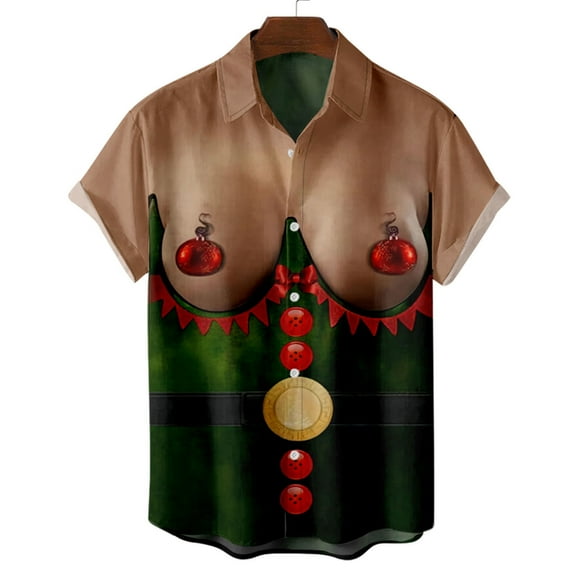 BLTIBY Christmas Ugly Shirt for Men Lapel Button Down Short Sleeve Hawaiian Shirts Xmas Printed Casual Holiday Beach Shirts Tops Army Green L