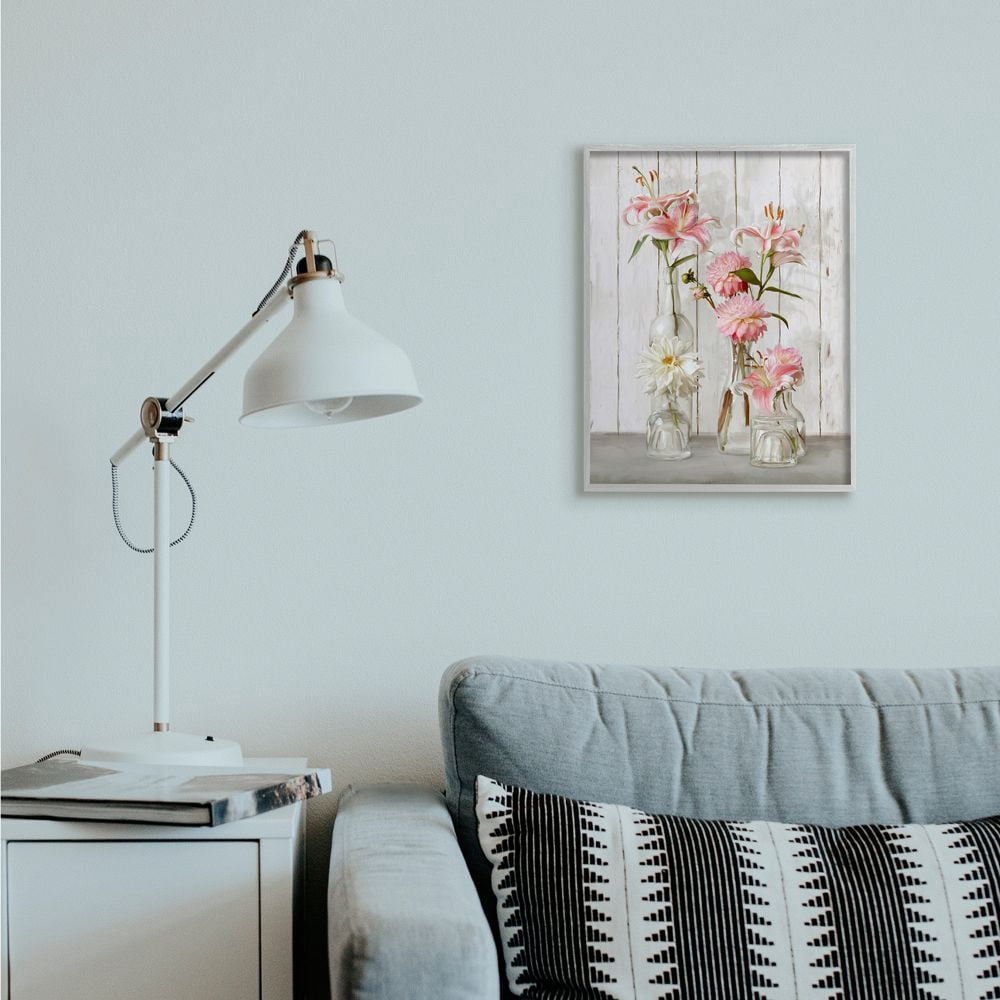 Stupell Industries Spring Pink Florals in Glass Jars Feminine Rustic Flowers Framed Wall Art Design by Ziwei Li, 16" x 20", Gray Framed
