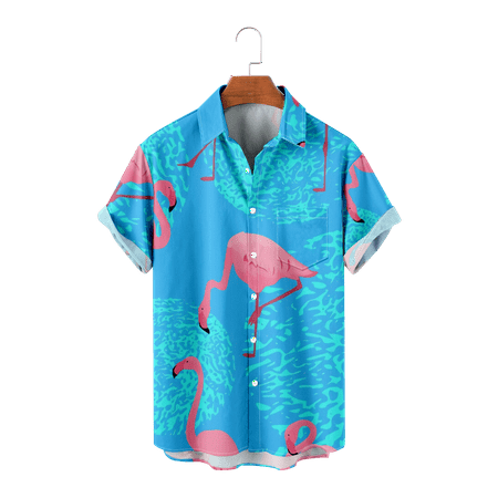 

MLFU Youth Adult Short Sleeve Aloha Beach Shirt Regular Fit Flamingo Print T-Shirts Breathable Blouses Regular & Big Man Sizes