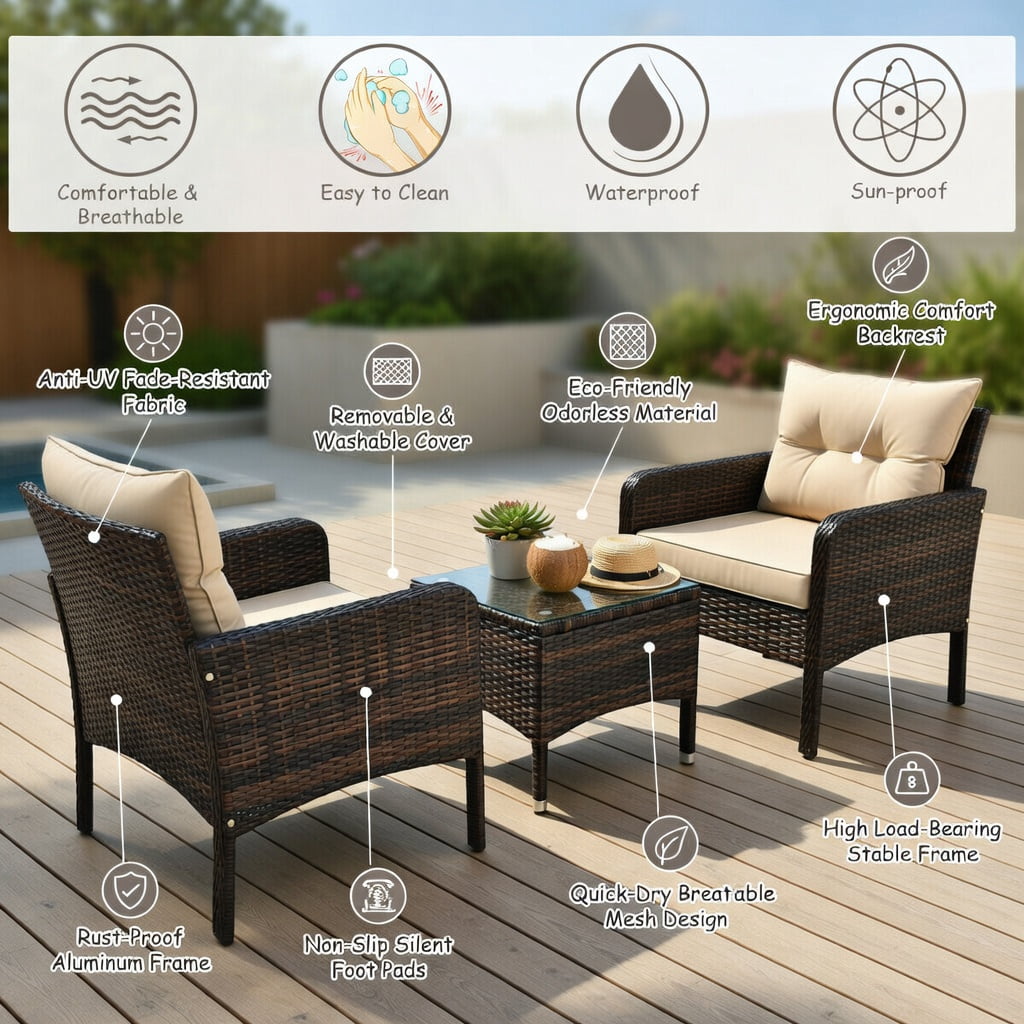 Hommoo 3-Piece Outdoor Wicker Patio Conversation Set with Plush Seat & Back Cushions, PE Rattan Chairs + Tempered Glass Coffee Table, Brown