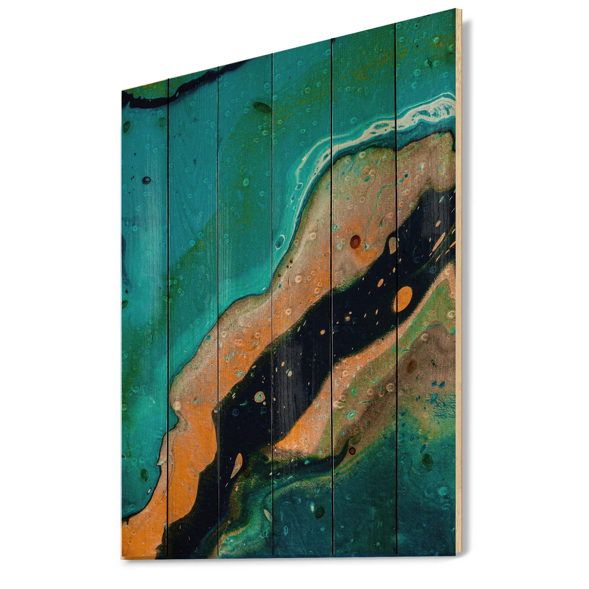 Designart 'Abstract Marble Composition In Orange and Blue II' Modern Print on Natural Pine Wood