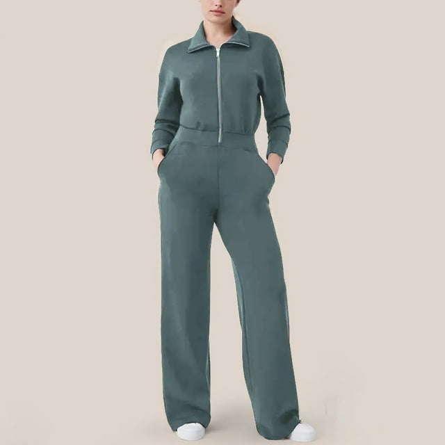 Combinaison Décontractée à Manches Longues pour Femmes, Leggings Larges Unis, Poches + Fermeture Éclair Cachée, Style Moulant, pour Usage Quotidien, Mode Polyvalente, Mélange de Coton Léger, Mode Urbaine, Décontracté