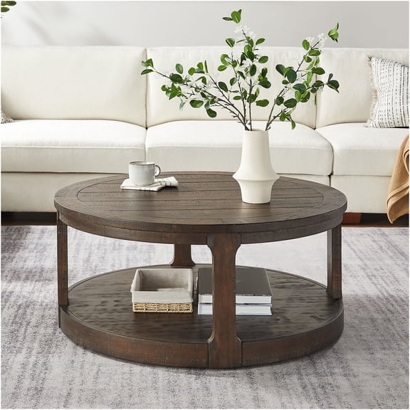 JERFIT 40 Inch Round Coffee Table with Wheels, 2-Tier Curved Wood Center Table for Living Room, Mid-Century Rustic Style, Dark Brown