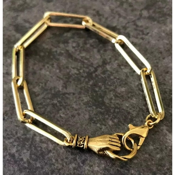 Hold On Hand Paper Clip Bracelet 100% Pure 925 Silver 14K Yellow Gold Plated