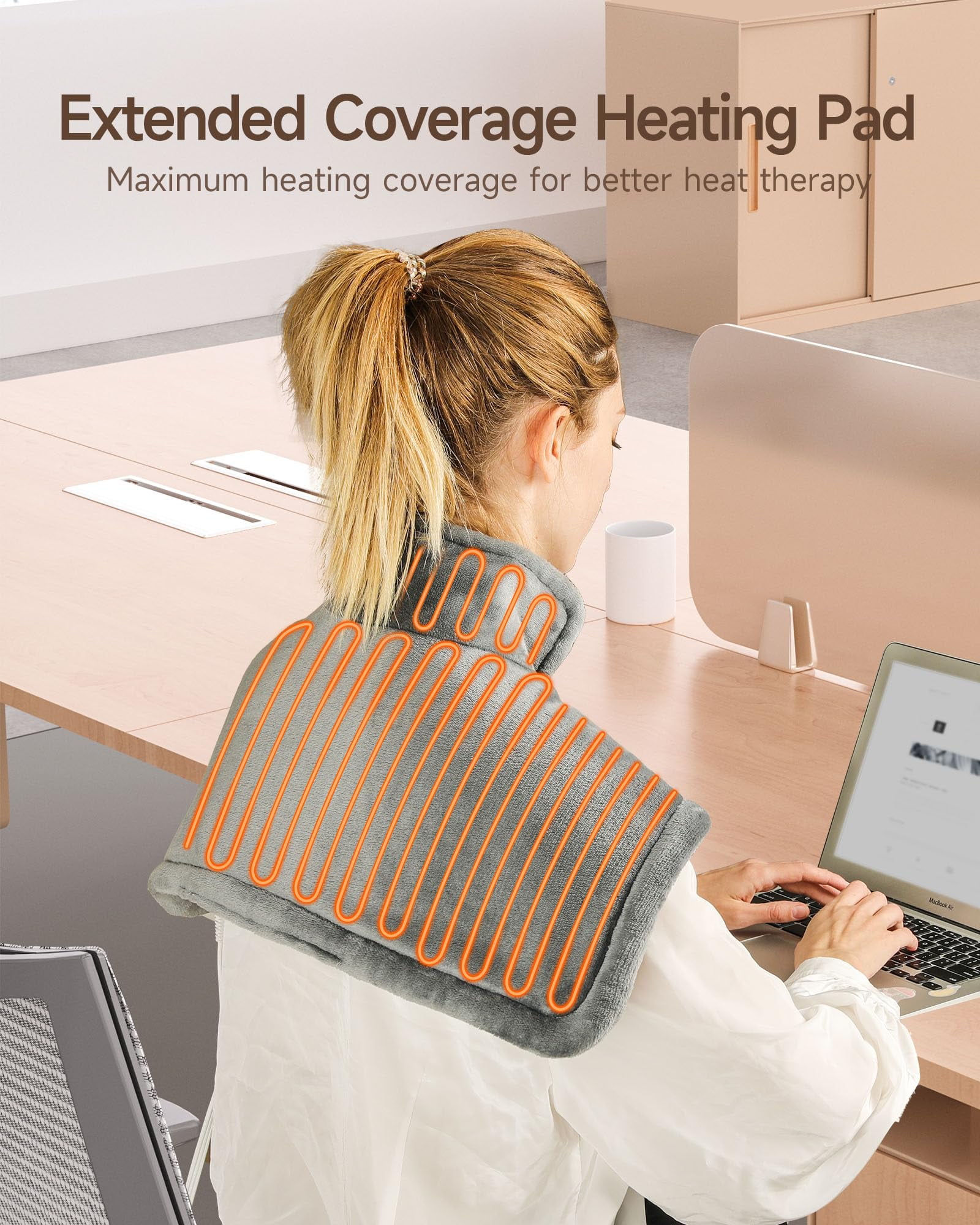 Heating Pad for Neck and Shoulders Pain Relief Cramps ALLJOY, 25"x18" Skin-Friendly Heated Neck Wrap 3 Fast Heat Setting with Auto Shut Off for Home and Office, Machine Washable, Gray