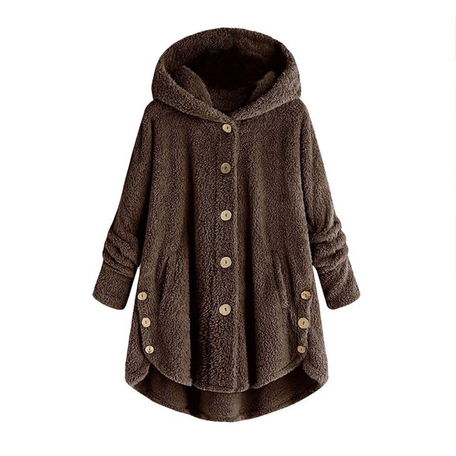 Womens Winter Jacket Plus Size Button Plush Tops Hooded Loose Cardigan Wool Coat Jacket Pink XXXXXL